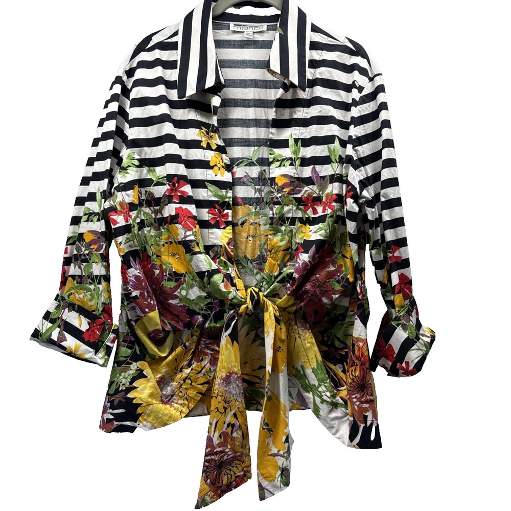 Mishca Women's Top Size XL Black White Stripe Floral 3/4 Sleeves Tie Front Open